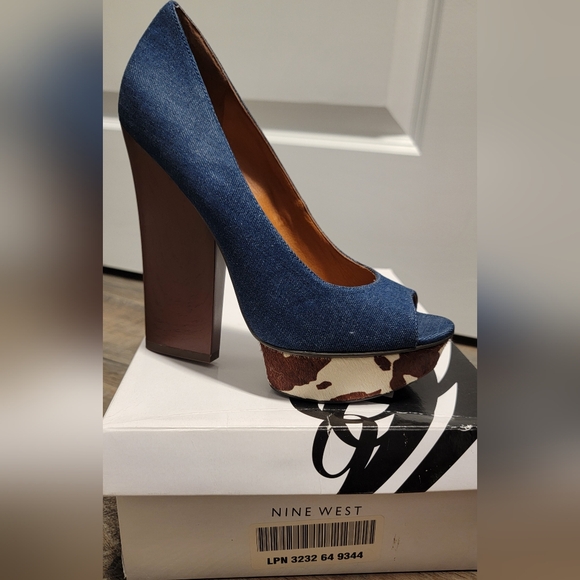 Nine West Denim & Cowhide Peep Toe Heels - Picture 5 of 8